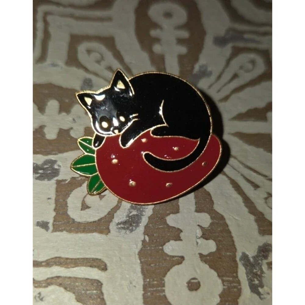 Cat strawberry enamel pin
